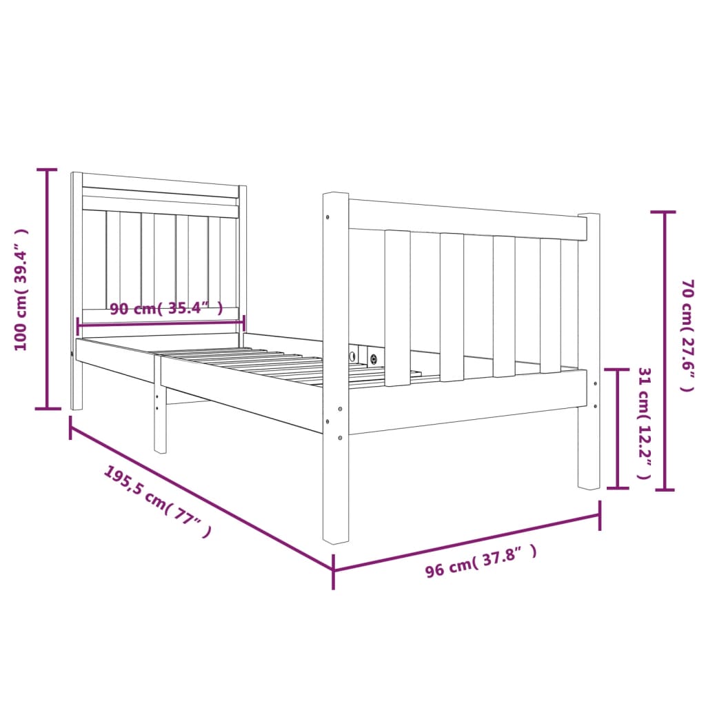 Estrutura de cama solteiro 90x190 cm madeira maciça branco