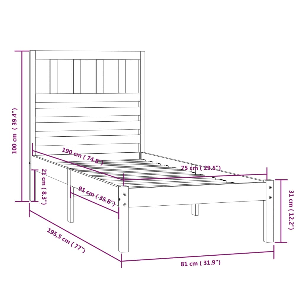 Estrutura cama de solteiro pequena 75x190 cm pinho maciço preto