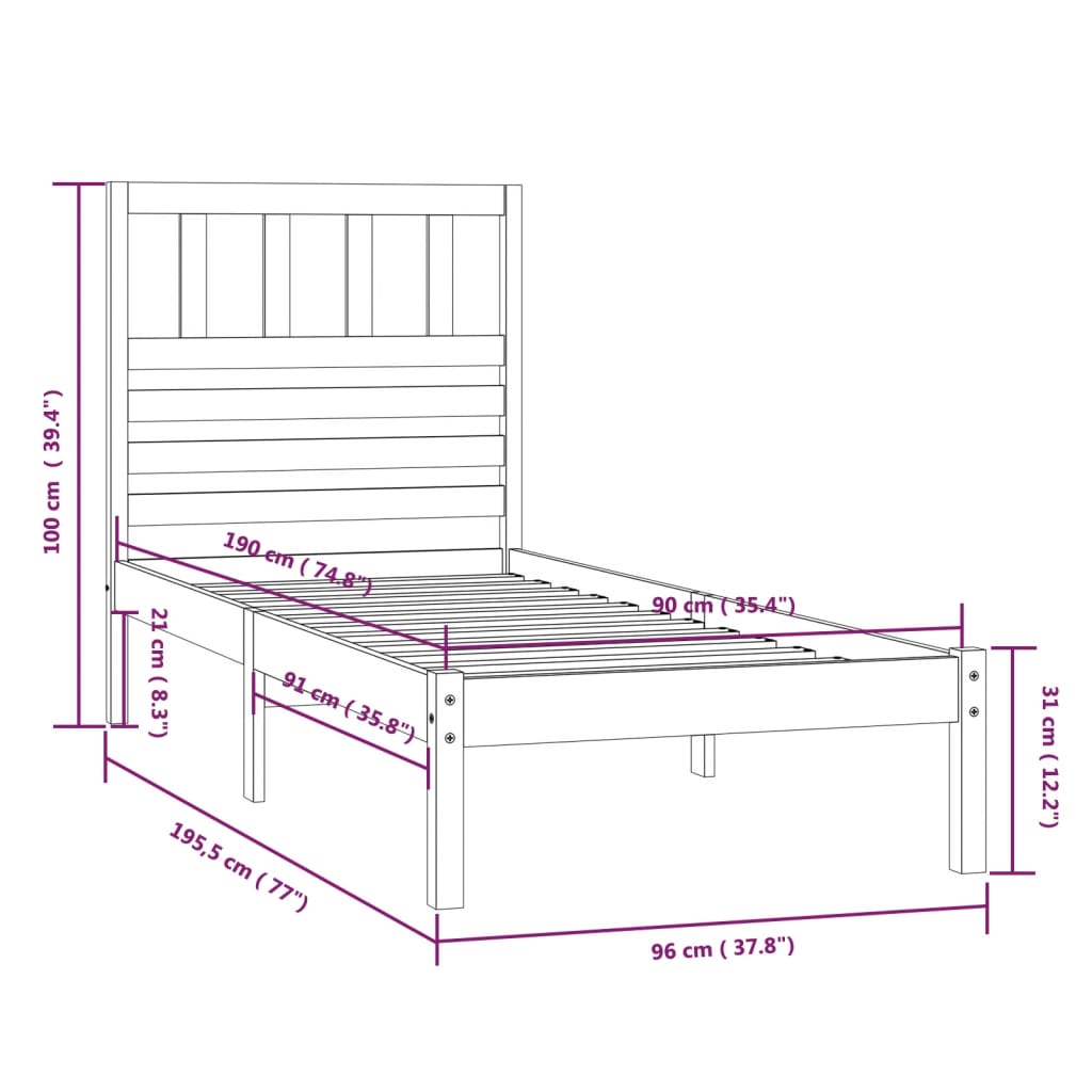 Estrutura de cama de solteiro 90x190 cm pinho maciço preto