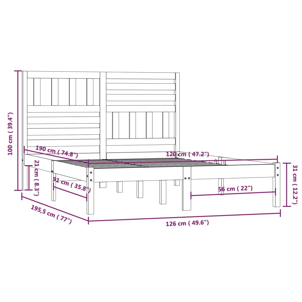 Estrutura cama de casal pequena 120x190 cm pinho maciço branco