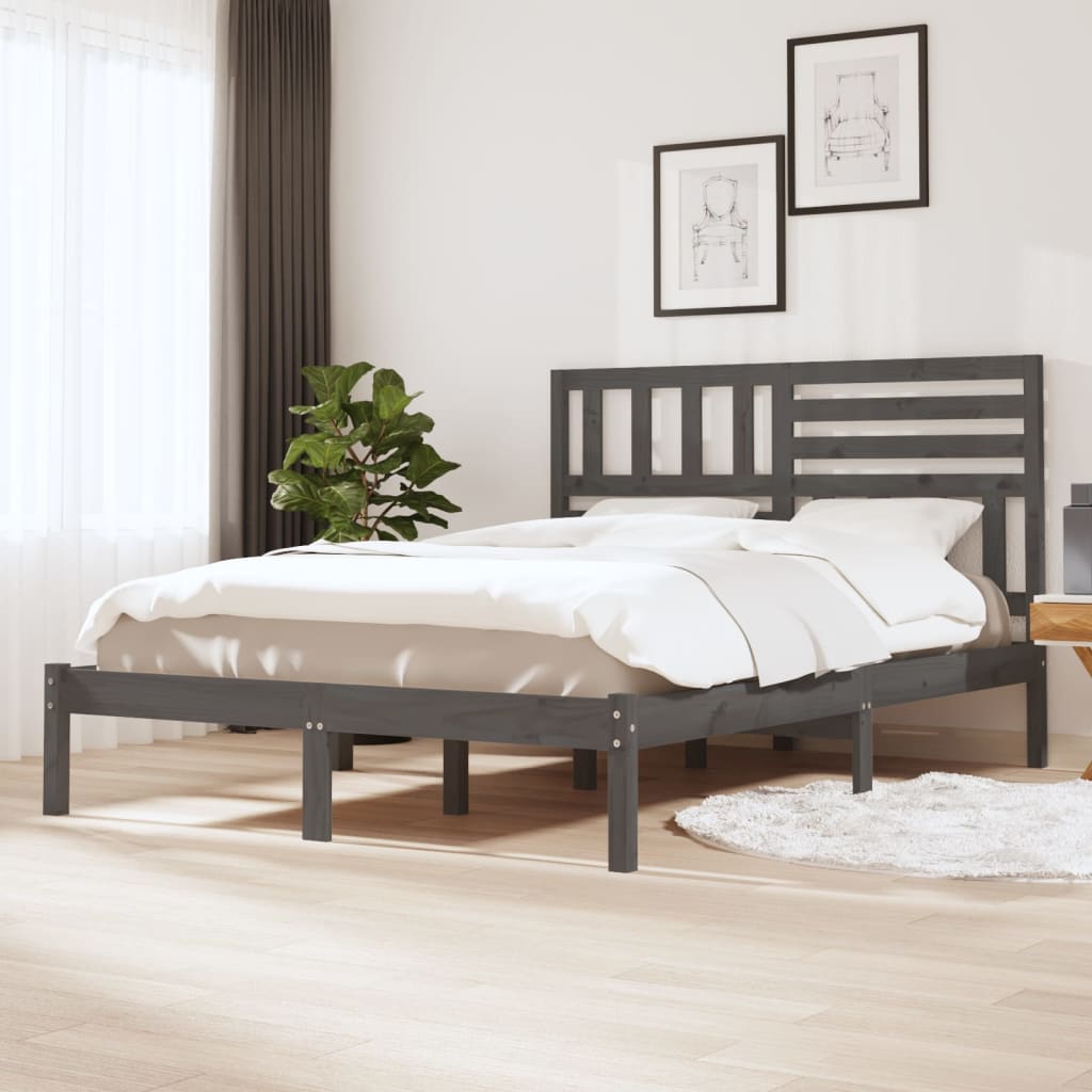 Estrutura de cama de casal 135x190 cm pinho maciço cinzento