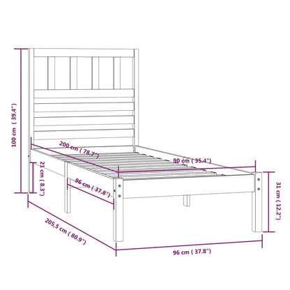 Estrutura cama solteiro 90x200 cm pinho maciço cinzento