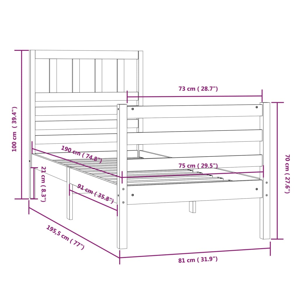 Estrutura de cama pequena solteiro 75x190 cm madeira maciça