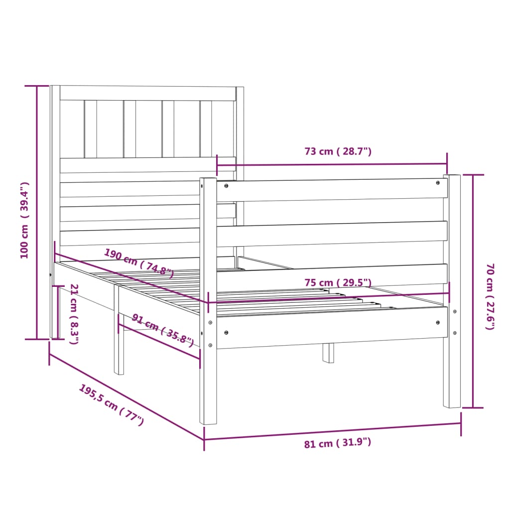 Estrutura cama pequena solteiro 75x190 cm madeira maciça branco