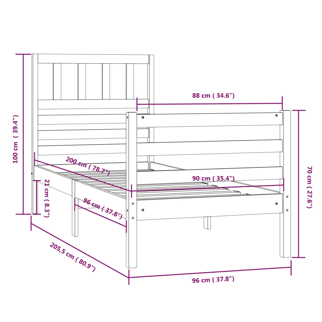 Estrutura cama de solteiro 90x200 cm madeira maciça cinza