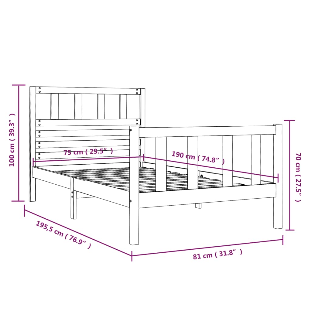 Estrutura de cama pequena solteiro 75x190 cm madeira maciça