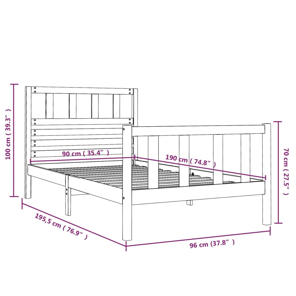 Estrutura de cama solteiro 90x190 cm madeira maciça cinzento