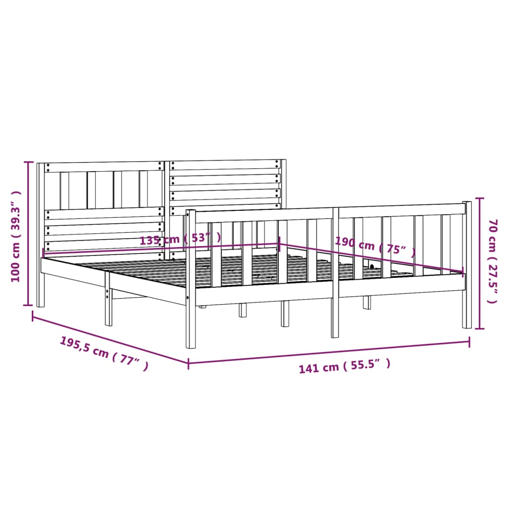 Estrutura de cama casal 135x190 cm madeira maciça