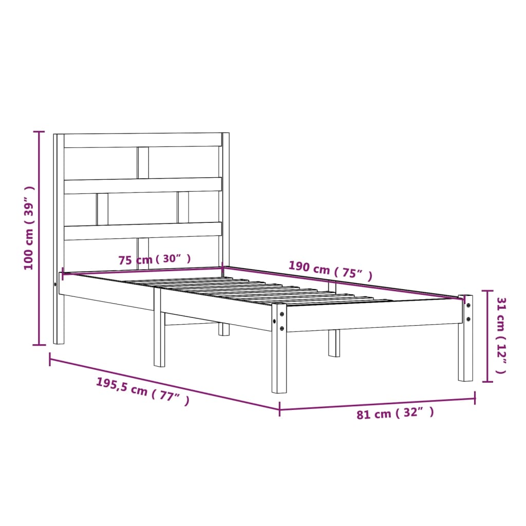 Estrutura cama pequena solteiro 75x190 cm madeira maciça preto