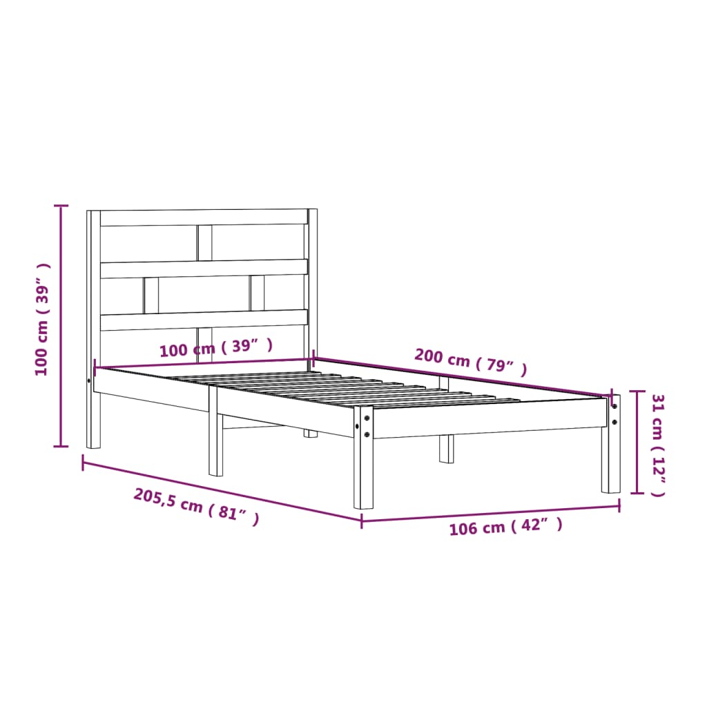 Estrutura de cama 100x200 cm pinho maciço