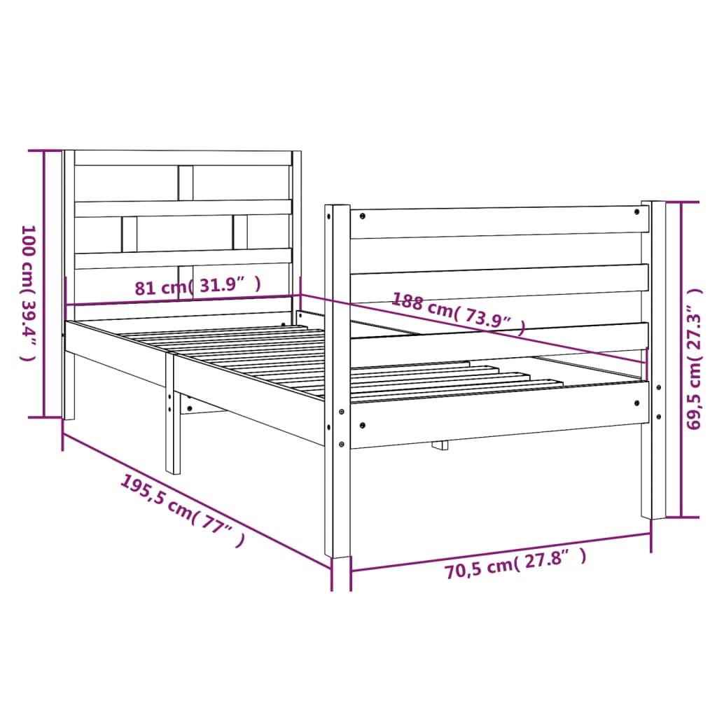 Estrutura cama pequena solteiro 75x190 cm madeira maciça branco