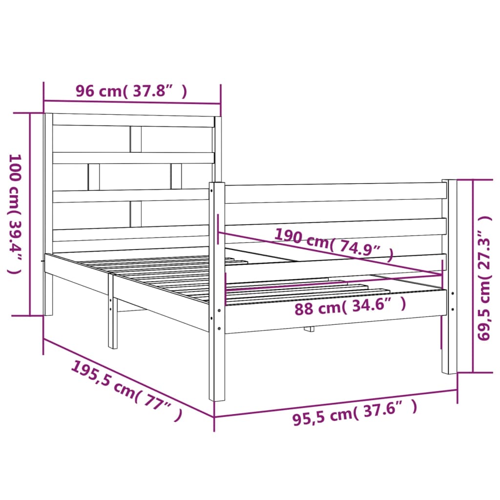 Estrutura de cama solteiro 90x190 cm madeira maciça cinzento