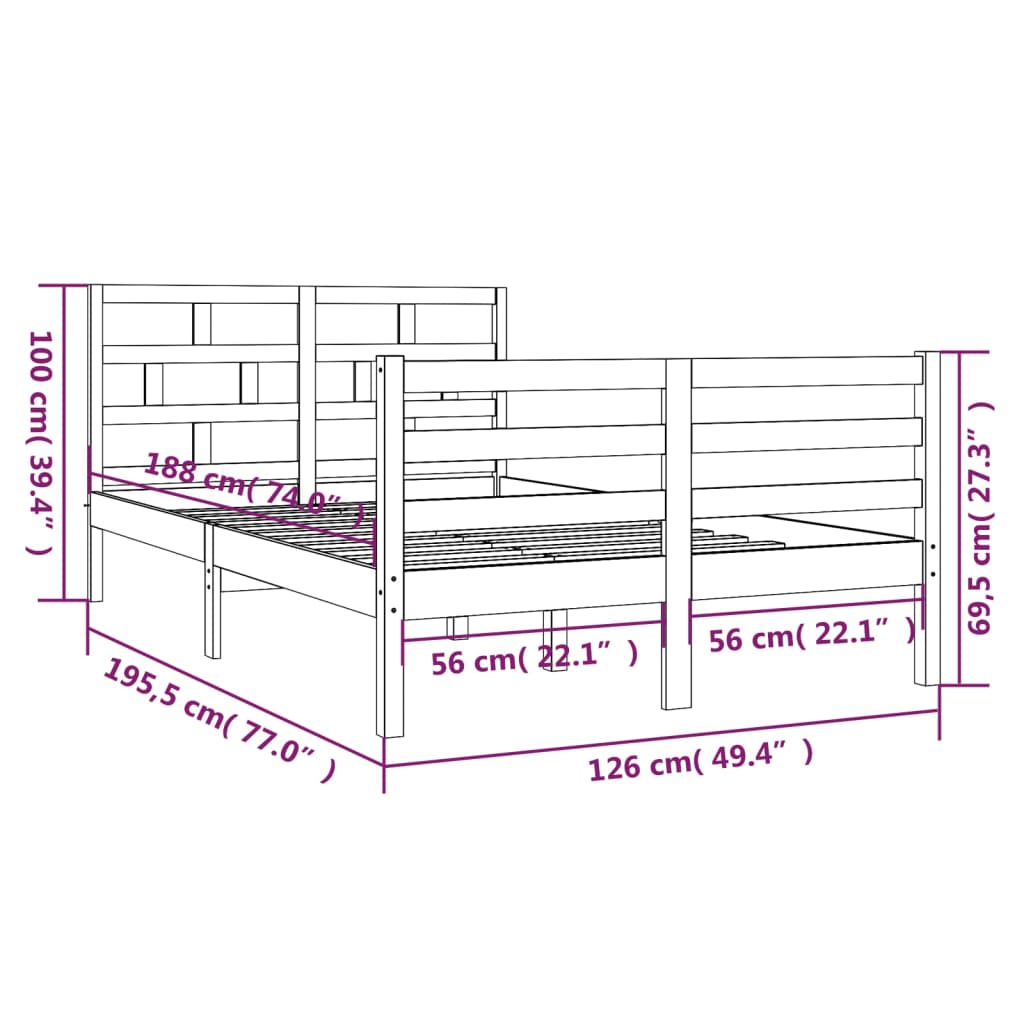 Estrutura de cama pequena casal 120x190 cm pinho maciço