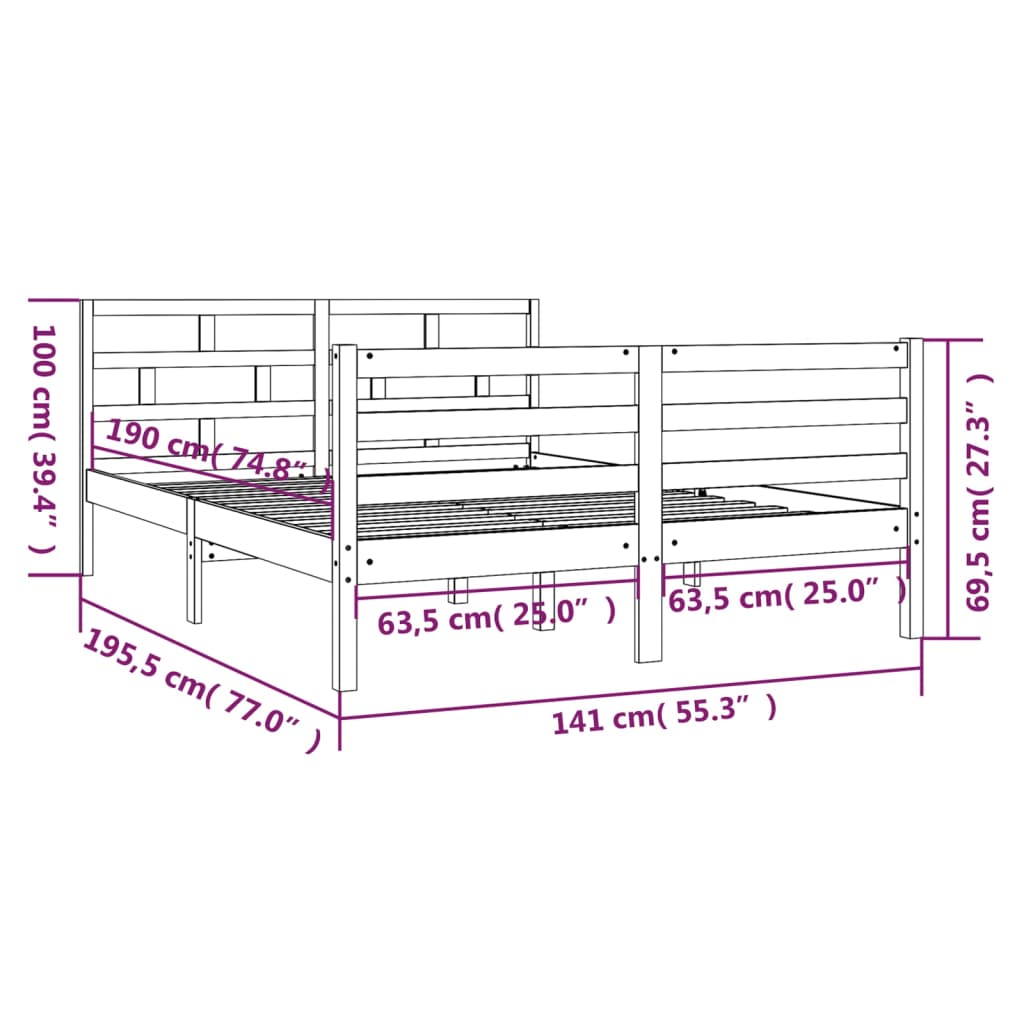 Estrutura de cama casal 135x190 cm madeira maciça