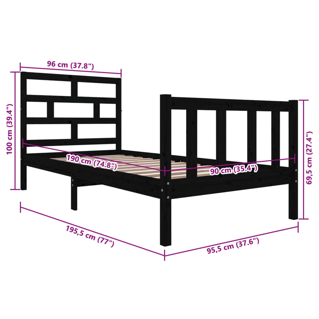 Estrutura de cama solteiro 90x190 cm pinho maciço preto