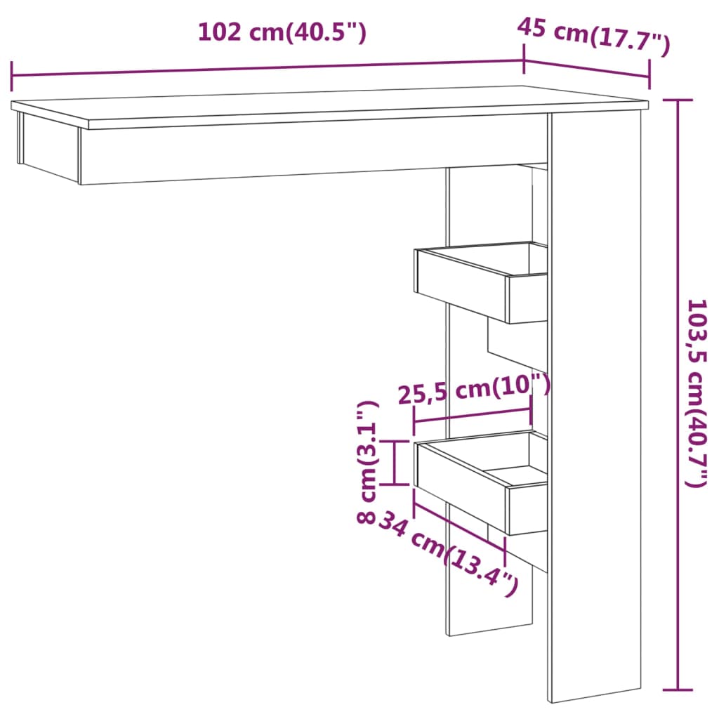 Mesa de bar p/ parede 102x45x103,5 cm derivados madeira branco