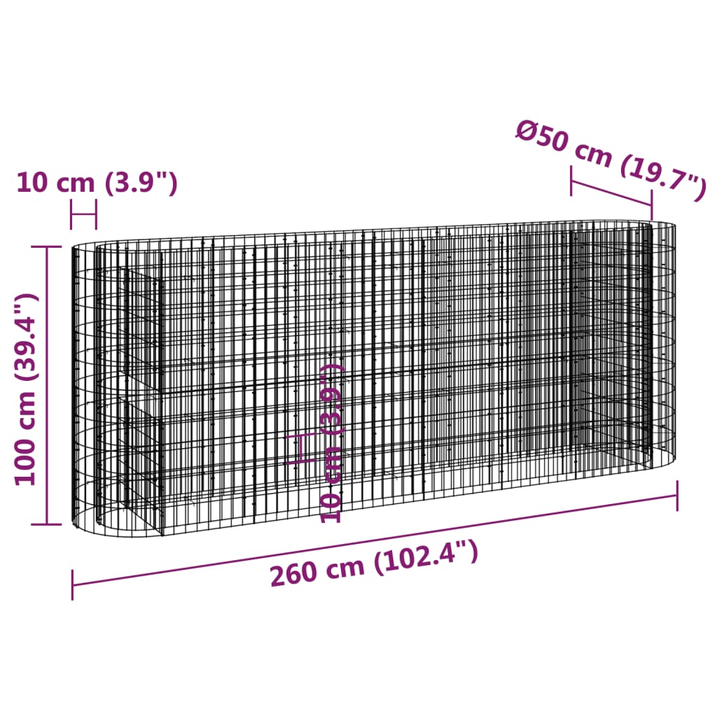 Canteiro elevado/cesto gabião 260x50x100 cm ferro galvanizado