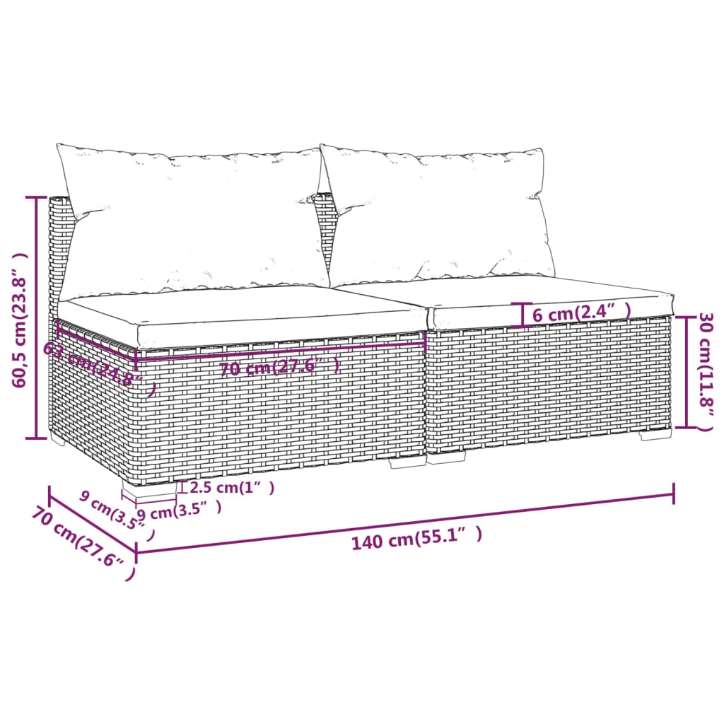 2 pcs conjunto lounge jardim c/ almofadões vime PE castanho