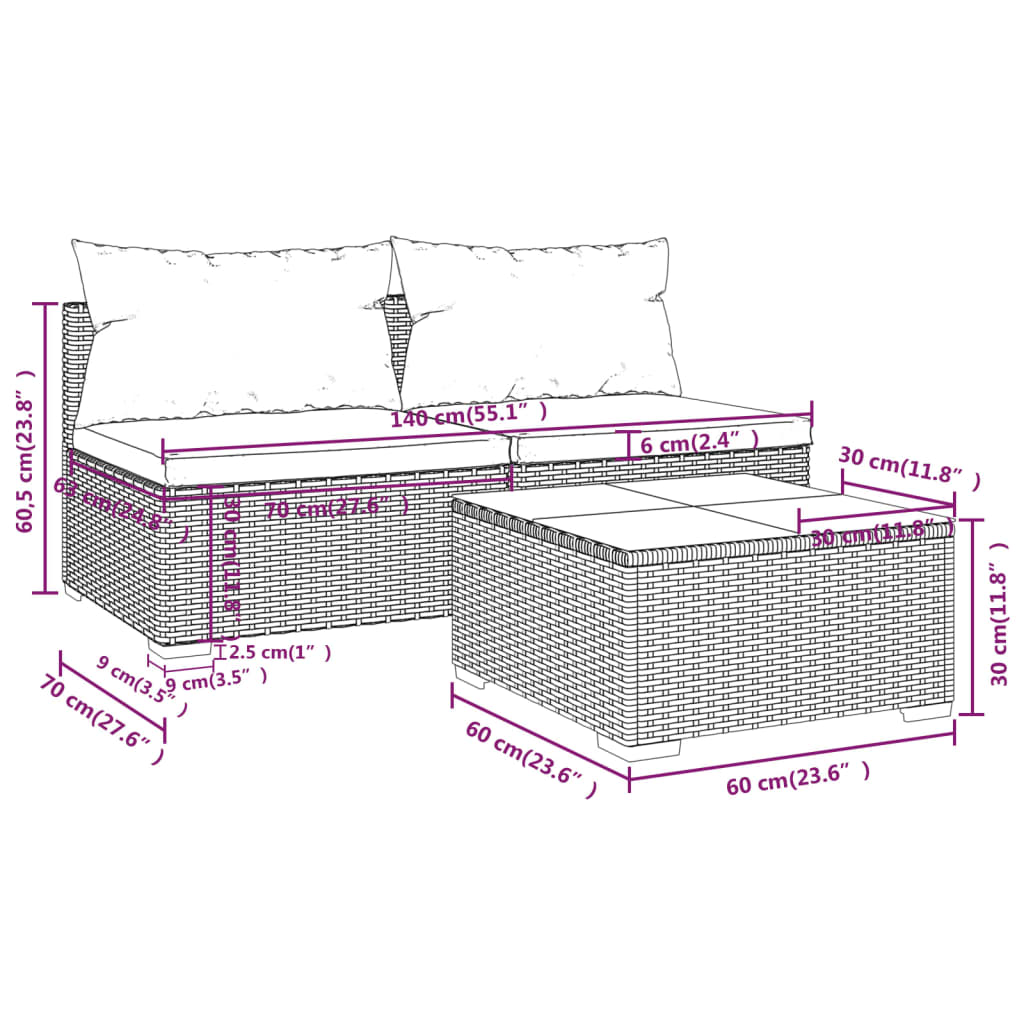 3 pcs conjunto lounge jardim c/ almofadões vime PE castanho