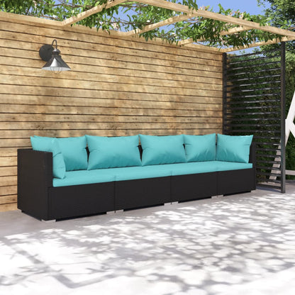 4 pcs conjunto lounge de jardim c/ almofadões vime PE preto