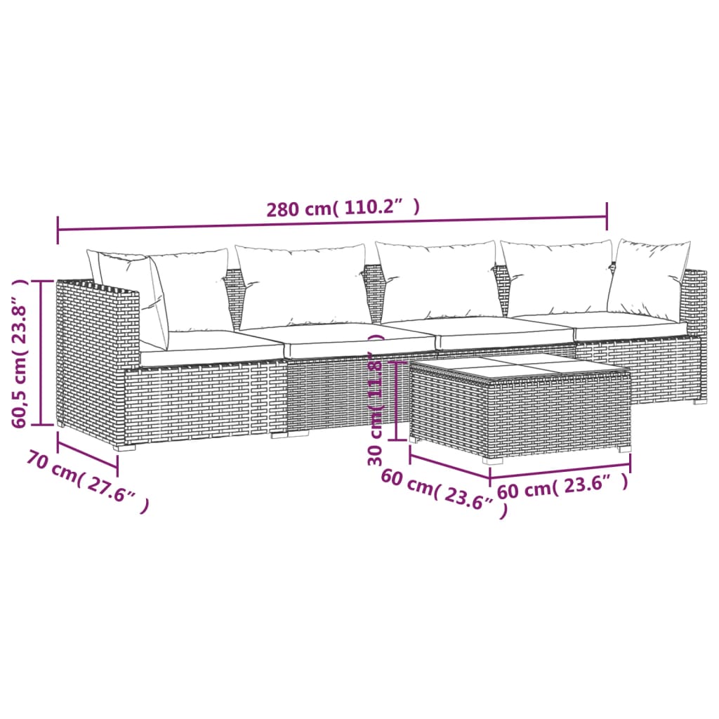 5 pcs conjunto lounge de jardim c/ almofadões vime PE preto