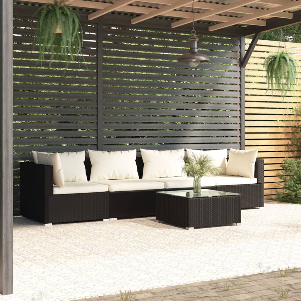 5 pcs conjunto lounge de jardim c/ almofadões vime PE preto