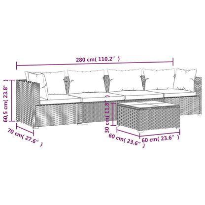 5 pcs conjunto lounge jardim c/ almofadões vime PE castanho