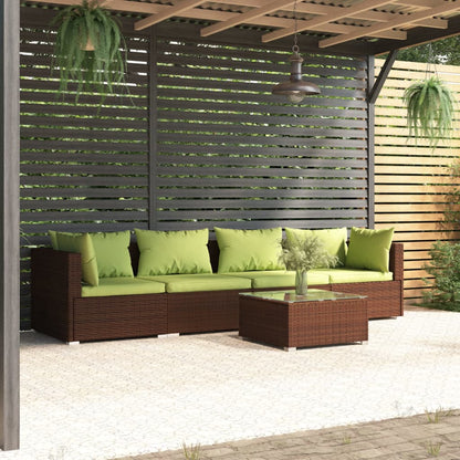 5 pcs conjunto lounge jardim c/ almofadões vime PE castanho