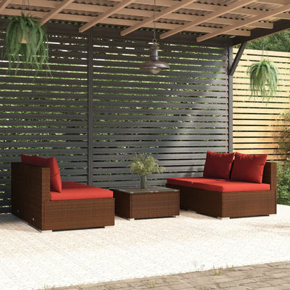 5 pcs conjunto lounge jardim c/ almofadões vime PE castanho