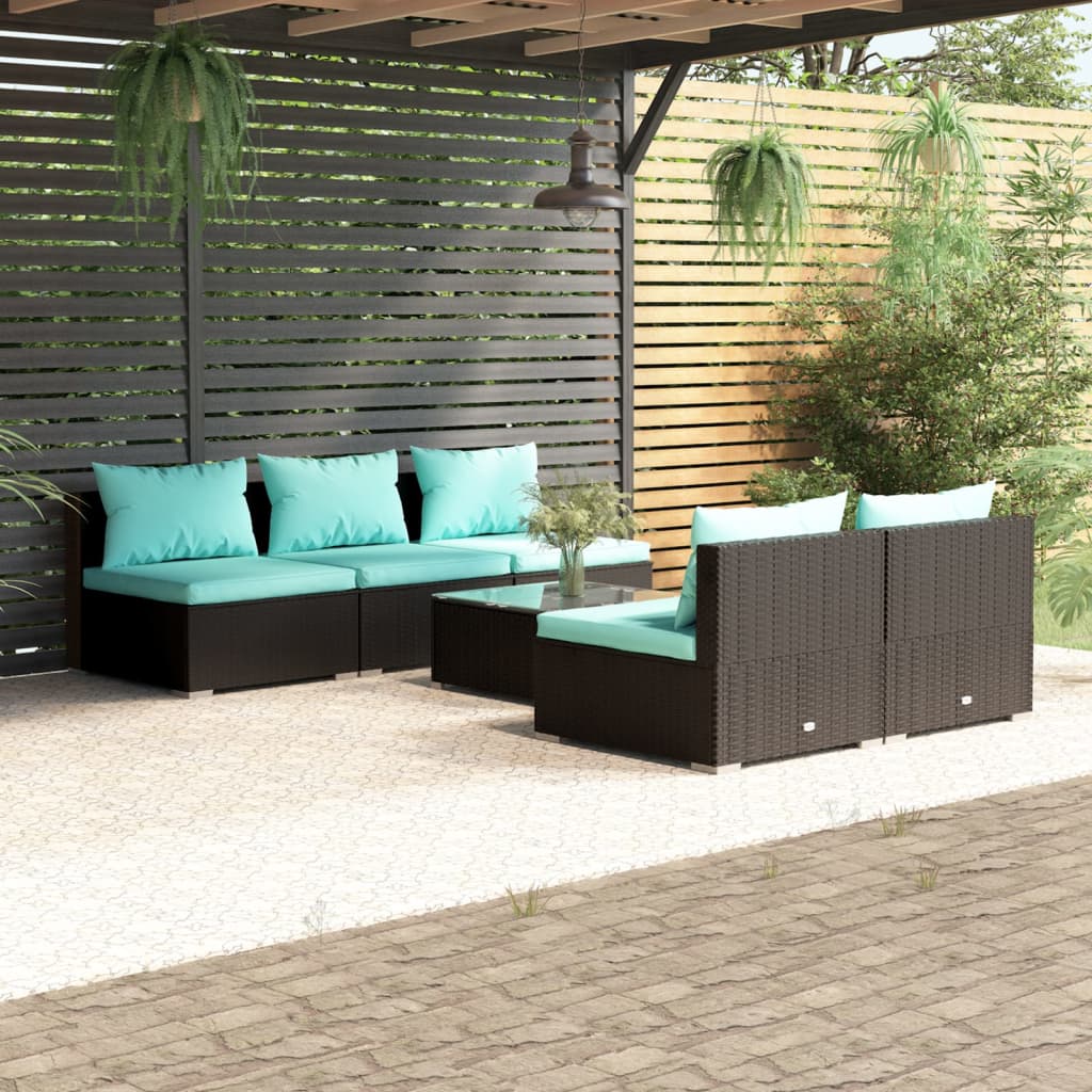 6 pcs conjunto lounge de jardim c/ almofadões vime PE preto