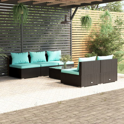 6 pcs conjunto lounge de jardim c/ almofadões vime PE preto