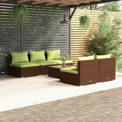 6 pcs conjunto lounge de jardim c/ almofadões vime PE castanho