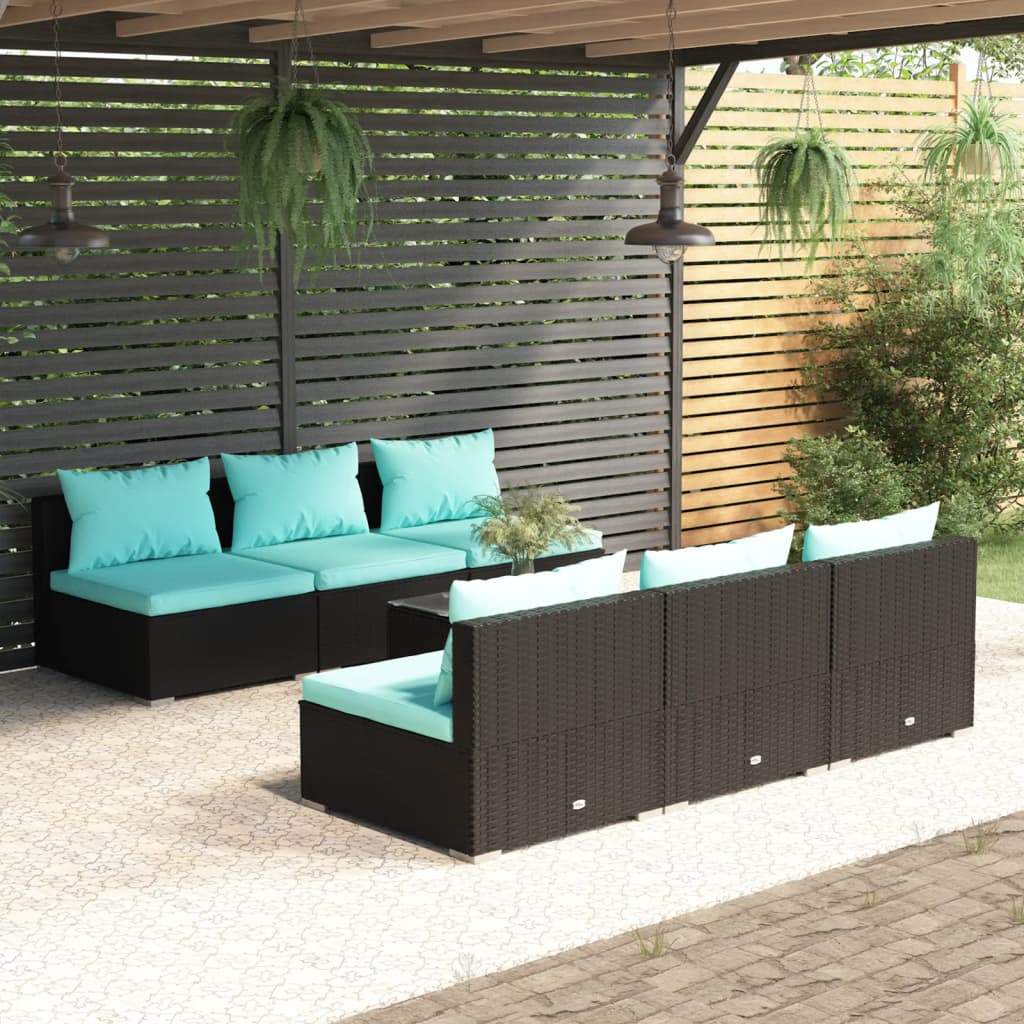 7 pcs conjunto lounge de jardim c/ almofadões vime PE preto