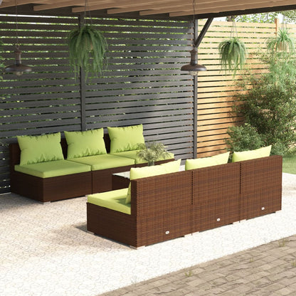 7 pcs conjunto lounge de jardim c/ almofadões vime PE castanho