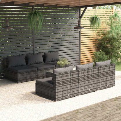 7 pcs conjunto lounge de jardim c/ almofadões vime PE cinzento