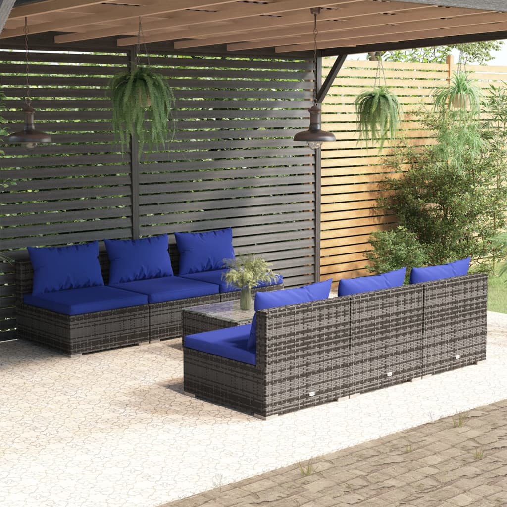 7 pcs conjunto lounge de jardim c/ almofadões vime PE cinzento