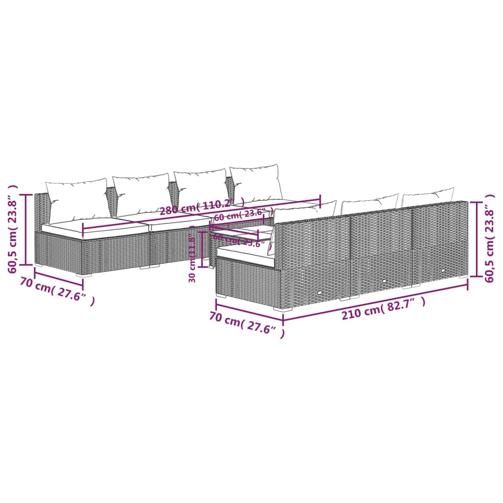 8 pcs conjunto lounge de jardim c/ almofadões vime PE cinzento