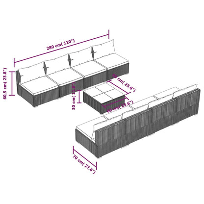 9 pcs conjunto lounge de jardim c/ almofadões vime PE preto