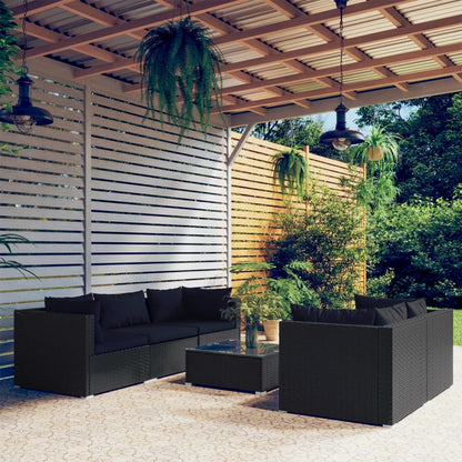 6 pcs conjunto lounge de jardim c/ almofadões vime PE preto