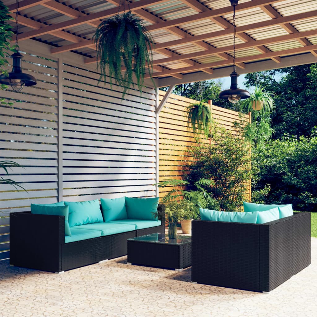 6 pcs conjunto lounge de jardim c/ almofadões vime PE preto