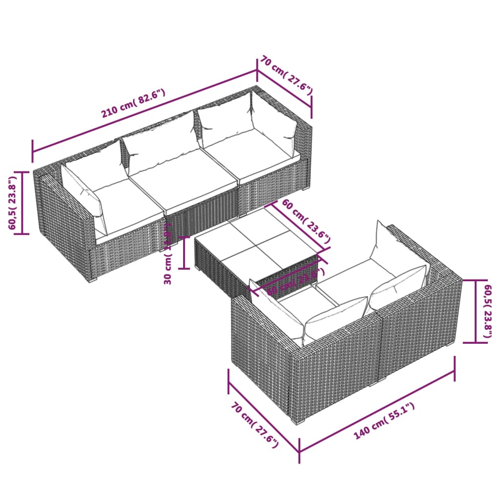 6 pcs conjunto lounge jardim c/ almofadões vime PE castanho