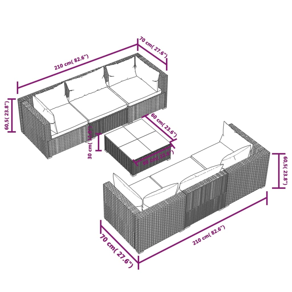 7 pcs conjunto lounge de jardim c/ almofadões vime PE preto