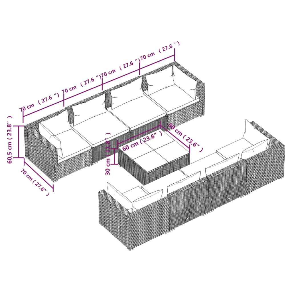 9 pcs conjunto lounge de jardim c/ almofadões vime PE preto