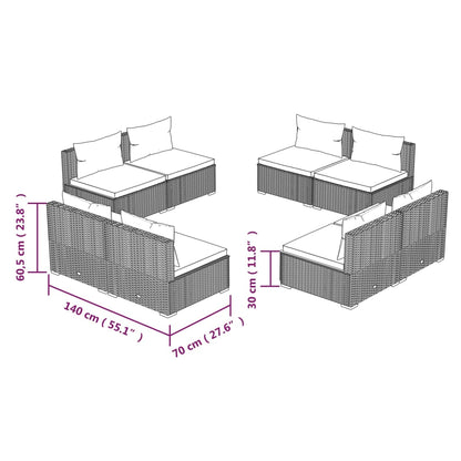 8 pcs conjunto lounge jardim c/ almofadões vime PE castanho