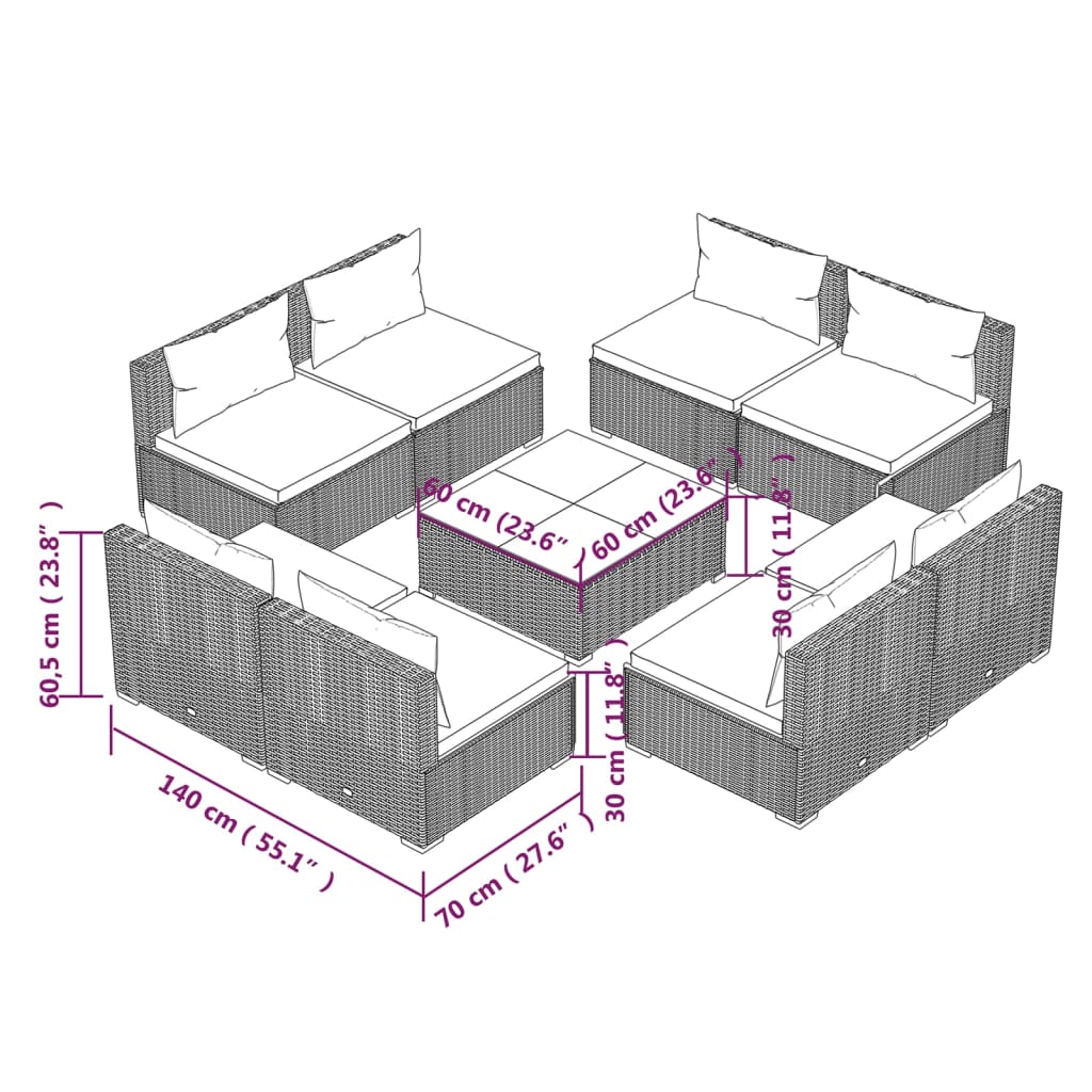 9 pcs conjunto lounge jardim c/ almofadões vime PE castanho