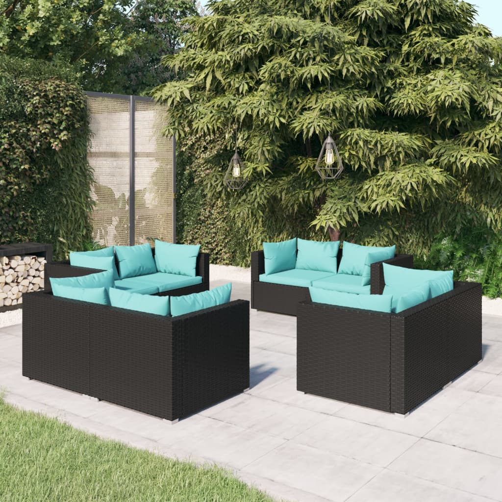 8 pcs conjunto lounge de jardim c/ almofadões vime PE preto