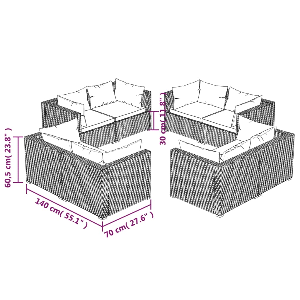 8 pcs conjunto lounge jardim c/ almofadões vime PE castanho