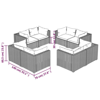 8 pcs conjunto lounge jardim c/ almofadões vime PE castanho