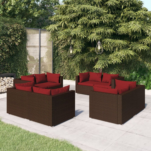 8 pcs conjunto lounge jardim c/ almofadões vime PE castanho