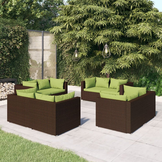 8 pcs conjunto lounge jardim c/ almofadões vime PE castanho